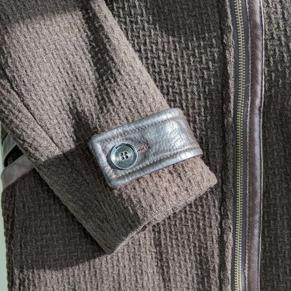 Cole Haan Wool Coat Leather Trim Statement Collar Belted Classic Vintage size 6